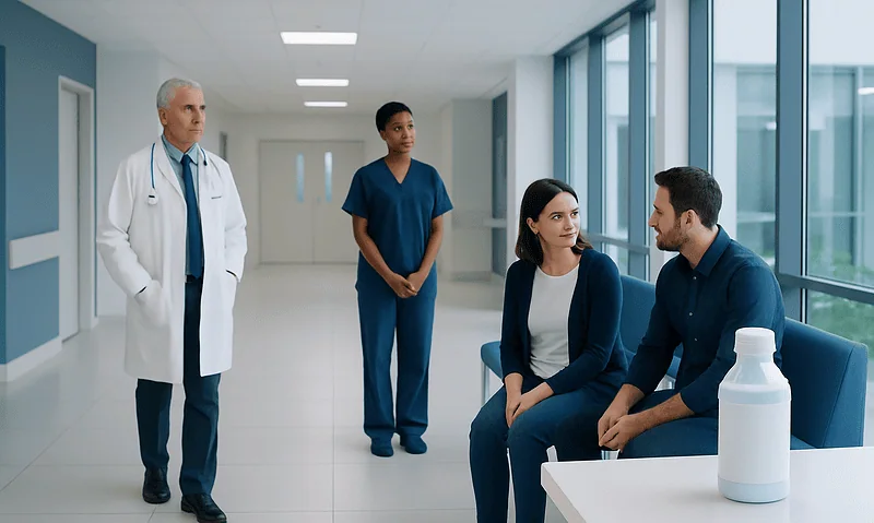 Doctor consulting with patients in hospital corridor at Acibadem Hospitals Group.