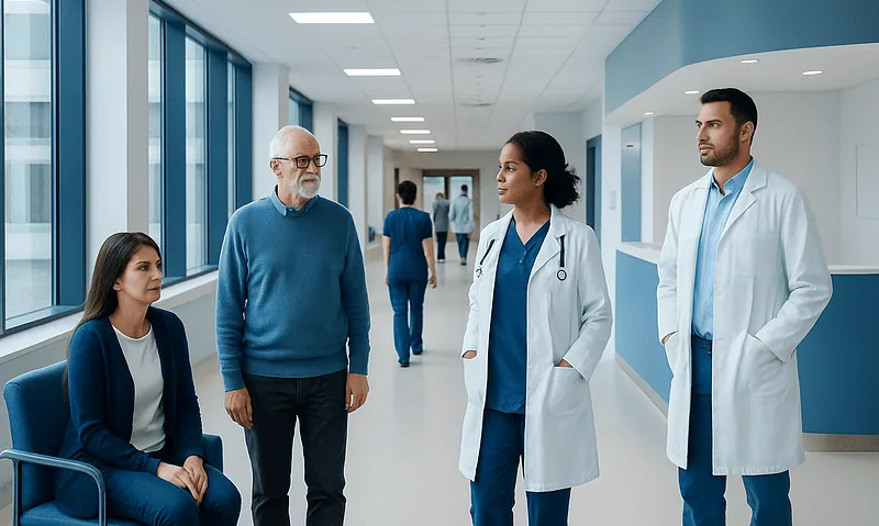 Medical team consulting with patient in hospital corridor.