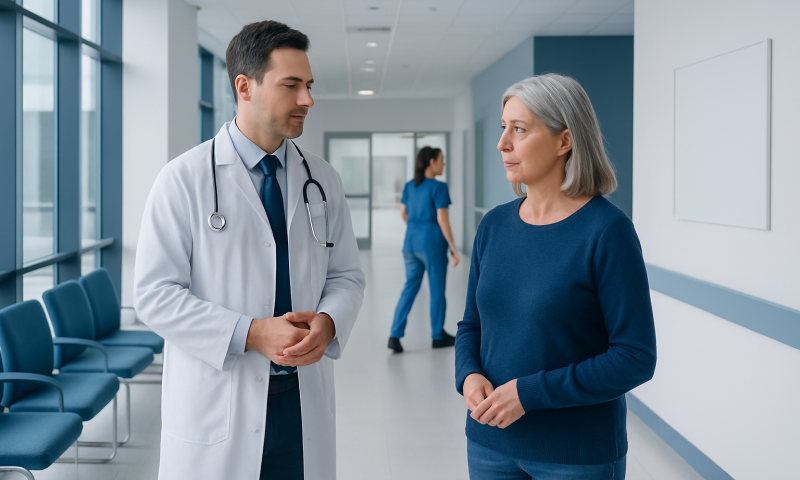 Doctor talking to a patient in a hospital corridor.