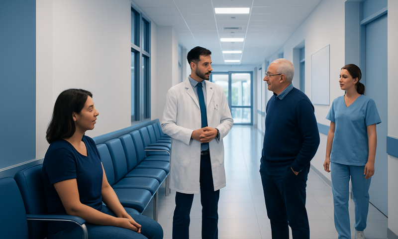 Medical team consulting in a hospital corridor with patient and staff.