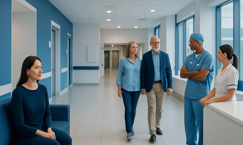 Medical team discussing patient care in hospital corridor.