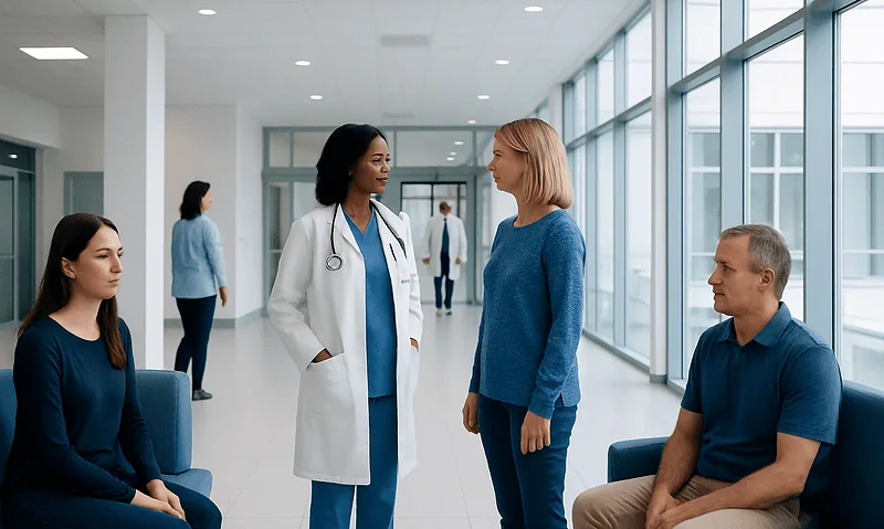 Medical consultation in a modern hospital corridor with diverse patients and staff.