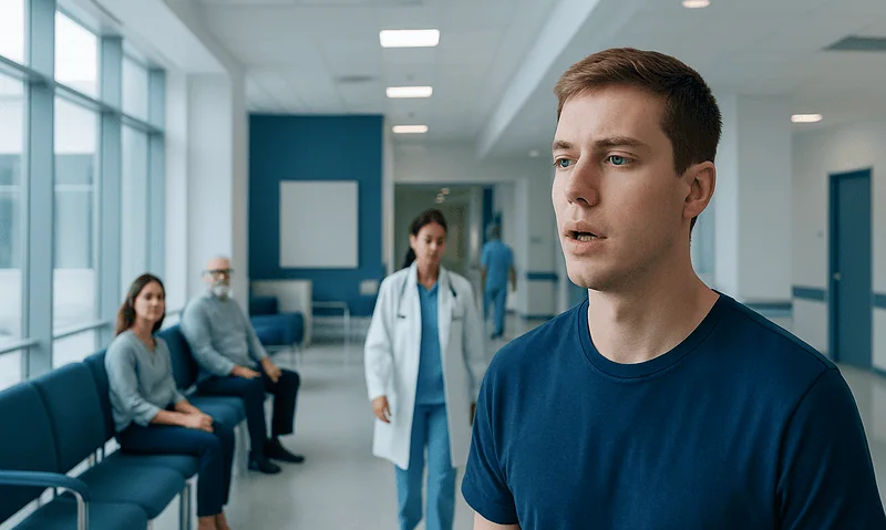 Young man with mouth open in a hospital waiting area.