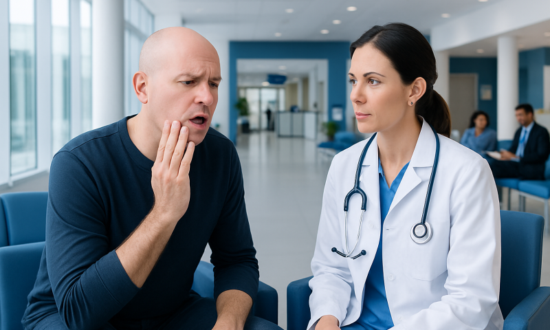 Patient consulting with doctor about mouth sores in hospital waiting area.