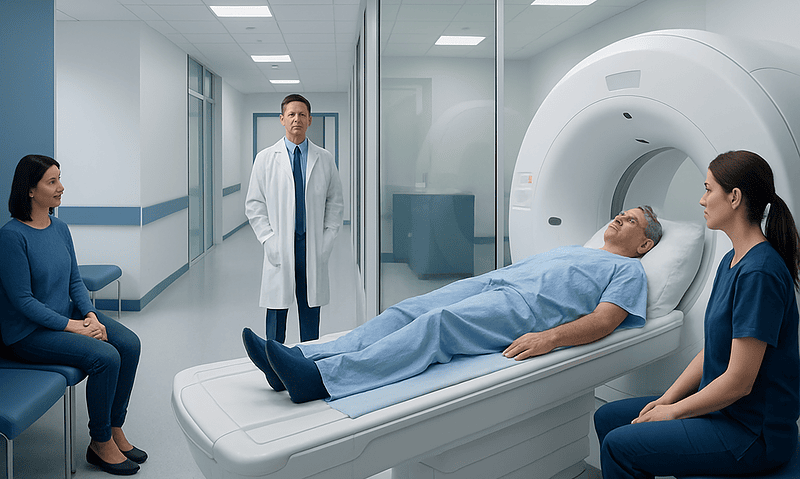 Patient undergoing MRI scan in a hospital setting with medical staff present.