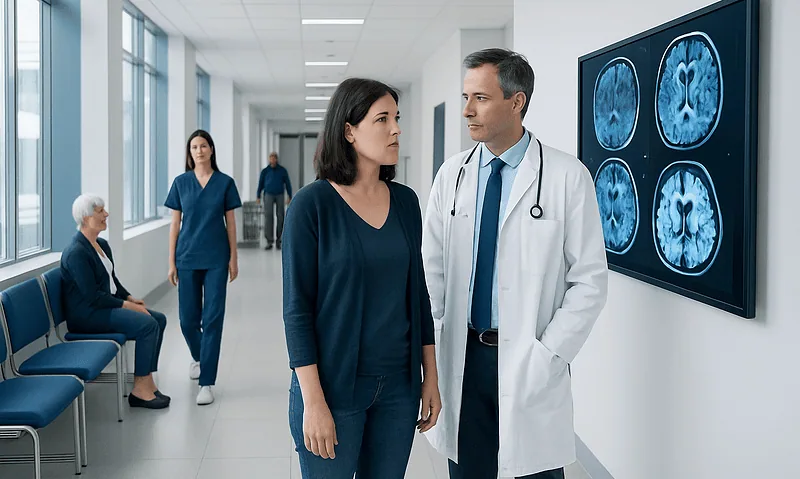 Doctor discussing with a patient in a hospital corridor with brain scan images on screen.
