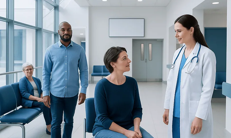 Doctor consulting with a patient in a hospital waiting area.