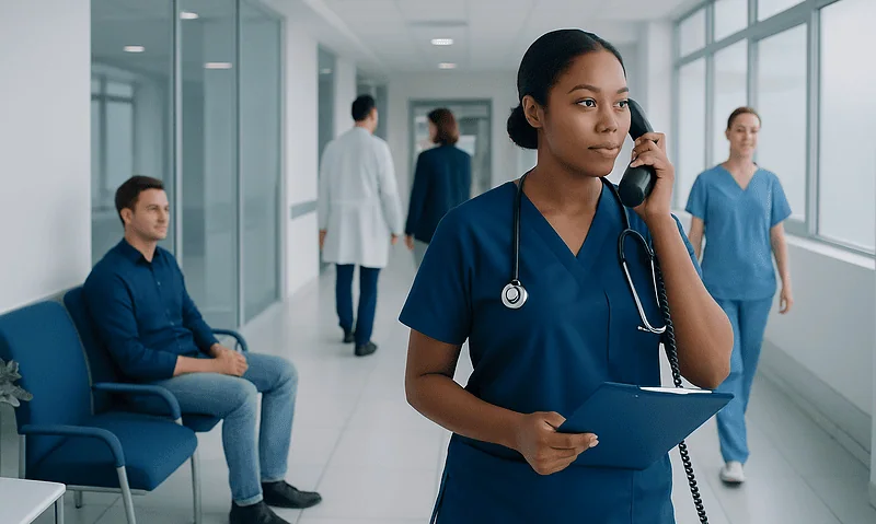Healthcare professionals in a hospital corridor with a nurse on the phone.