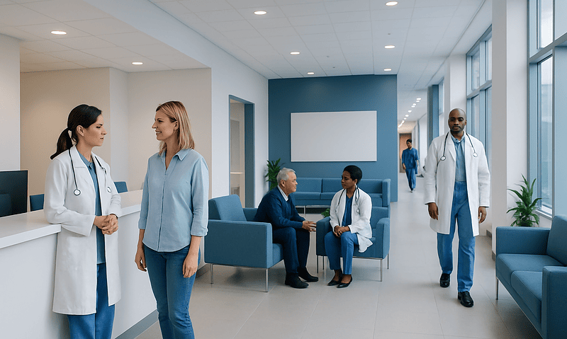 Modern hospital waiting area with doctors and patients at Acibadem Hospitals Group.