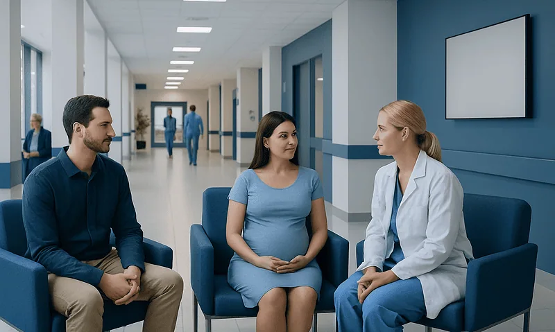 Pregnant woman consulting with doctor and partner in hospital corridor.