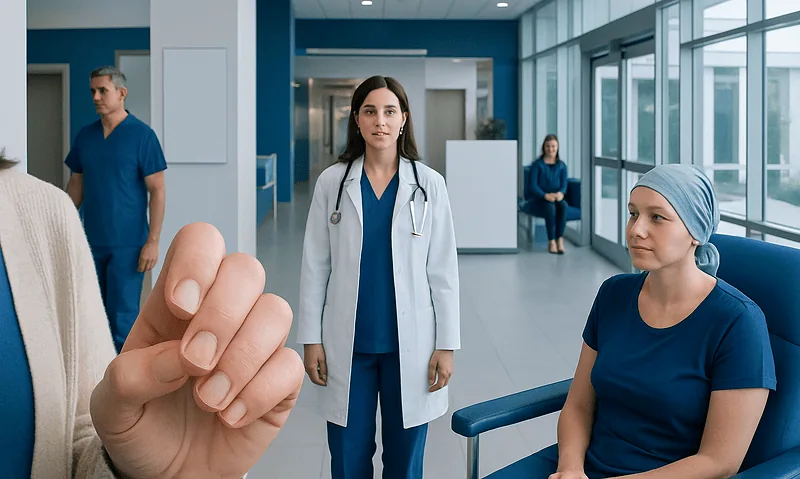 Healthcare professionals and patient in a modern hospital corridor.