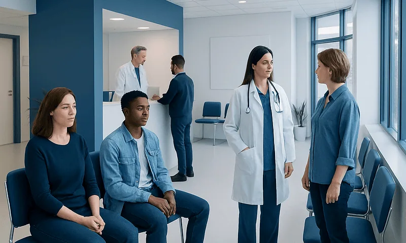 Medical consultation in a hospital waiting area with healthcare professionals and patients.