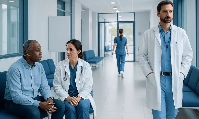 Medical consultation in hospital corridor with doctors and patient.
