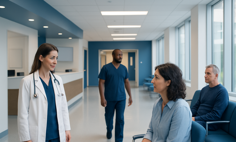 Healthcare professionals consulting with a patient in a hospital corridor.