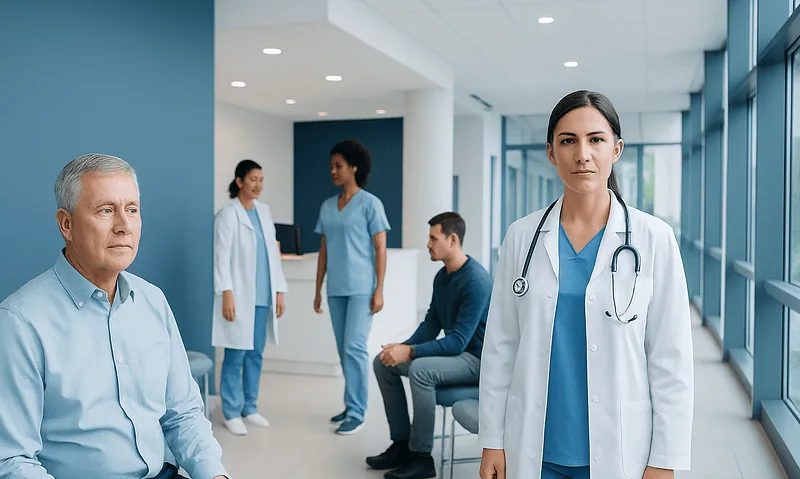 Natural Treatment for Prostate Cancer: How It Works, Results and What to Expect 6 Medical team with patient in hospital corridor at Acibadem Hospitals Group.