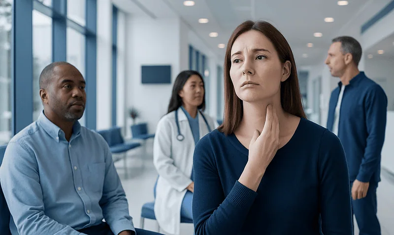 Woman experiencing throat discomfort in a medical consultation setting.