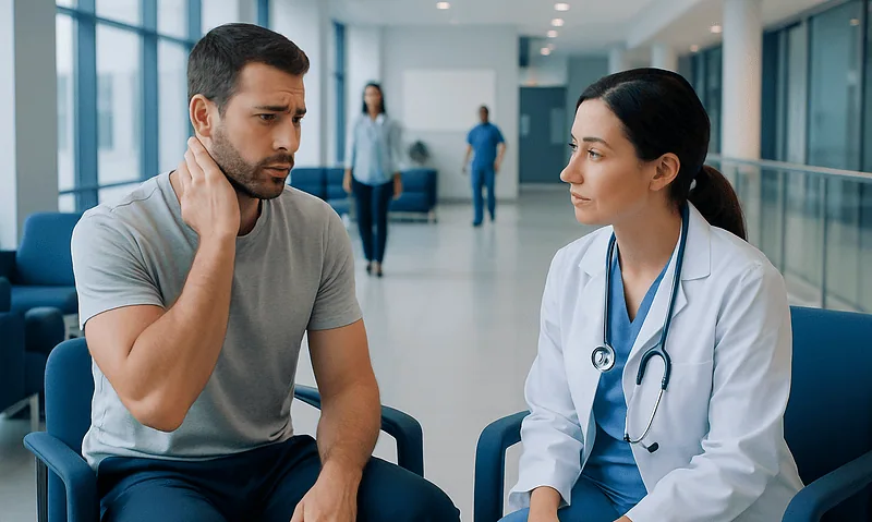 Patient consulting with doctor in hospital corridor.