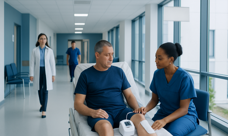 Patient receiving wound care in hospital corridor with medical staff nearby.