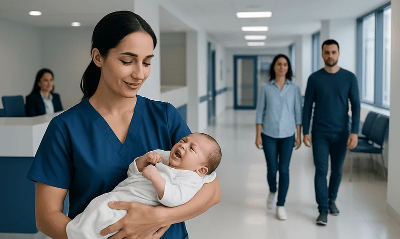 Nurse holding a newborn baby in a hospital corridor with parents in the background.