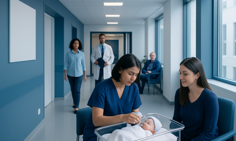 Neonatal hearing screening in a hospital nursery with medical staff and a newborn.
