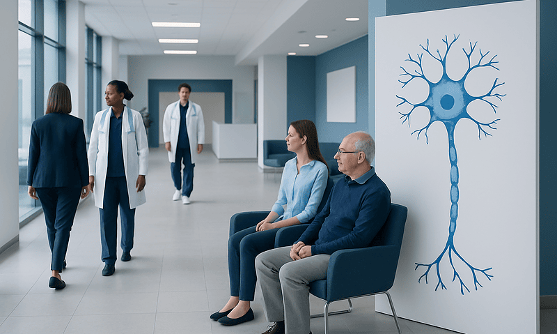 Patients waiting in a hospital corridor with a neuron diagram poster.