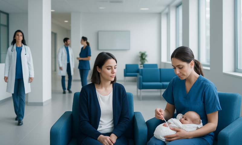 Newborn baby being examined by nurse in hospital waiting area.