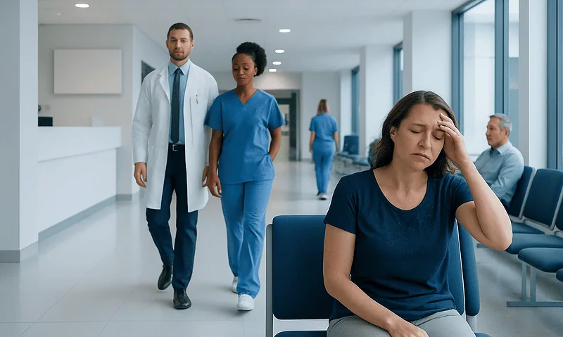 Patient experiencing discomfort in a hospital waiting area with medical staff nearby.