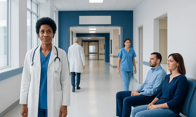 Healthcare professionals and patients in a modern hospital corridor.