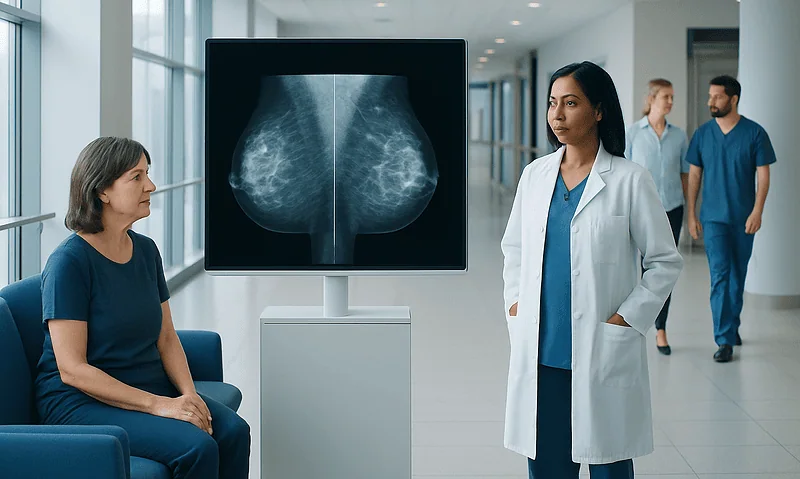 Medical professional explaining mammogram results to patient in hospital corridor.