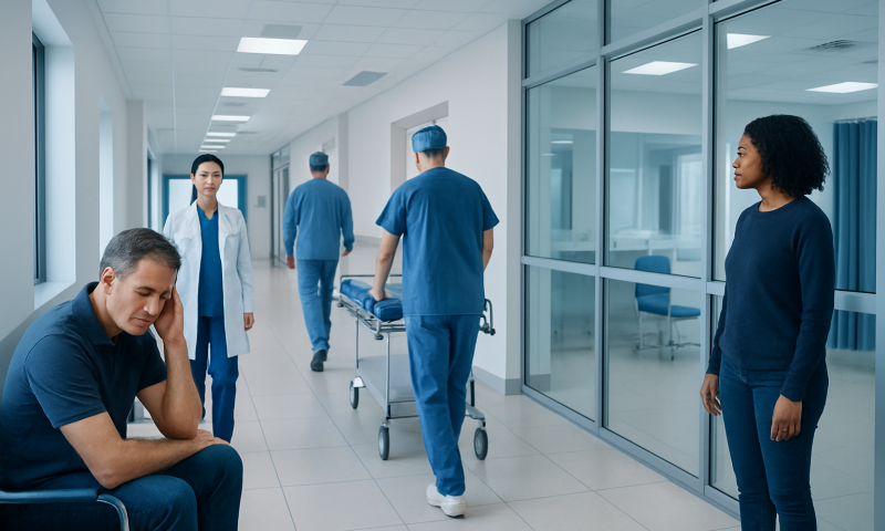 Patient waiting in hospital corridor with medical staff and wheelchair.