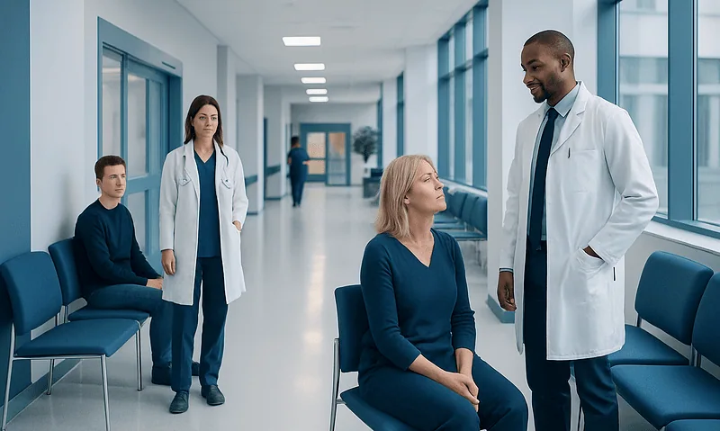 Medical consultation in a hospital corridor with doctors and patient.