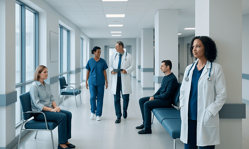 Medical team consulting with patients in a hospital corridor.