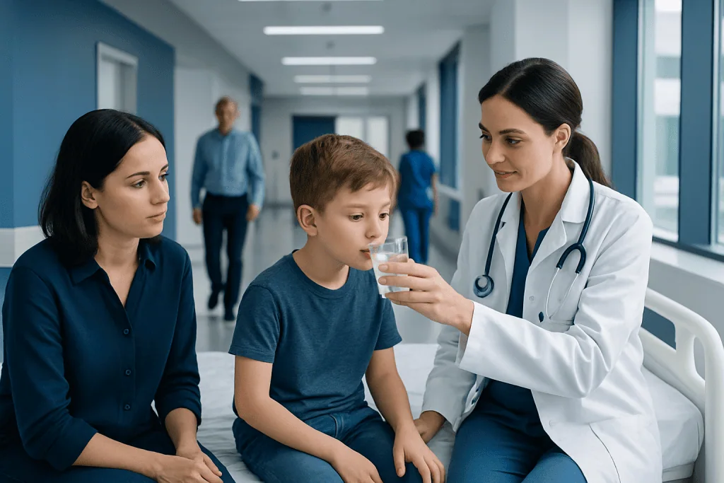 Oral Rehydration Therapy for Gastroenteritis: How It Works, Results and What to Expect 1 Doctor giving oral rehydration to a young boy in hospital.