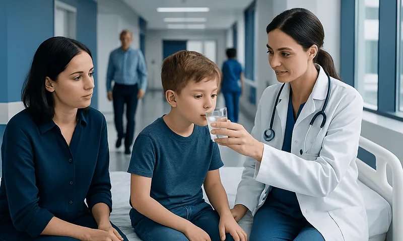 Doctor giving oral rehydration to a young boy in hospital.