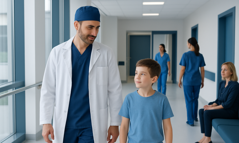 Doctor talking to young patient in hospital corridor.