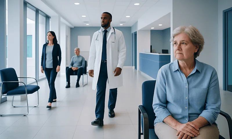 Healthcare professionals and patients in a modern hospital corridor.