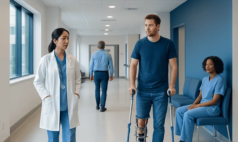 Patient with leg injury using crutches in hospital corridor with medical staff nearby.