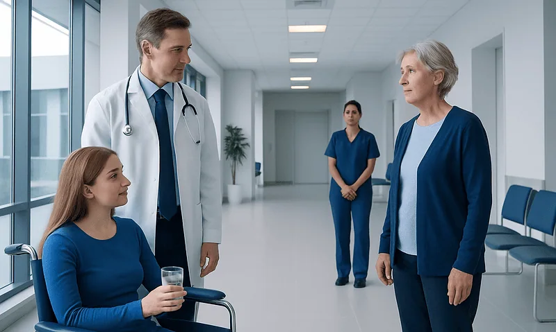 Doctor consulting elderly patient in hospital corridor with nurse in background.