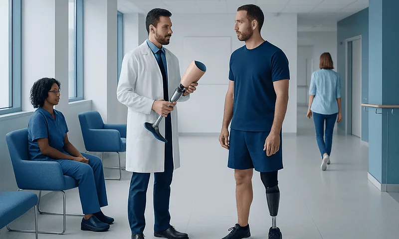 Rehabilitation consultation with a prosthetist and patient in hospital corridor.
