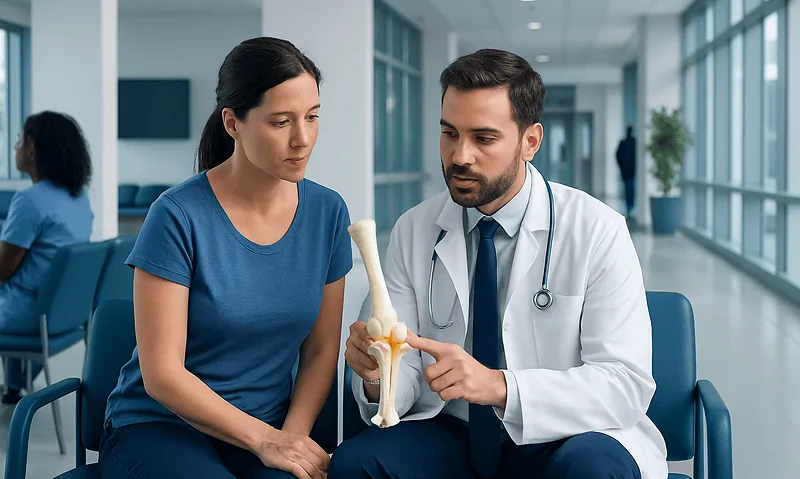Doctor explaining knee anatomy to female patient in hospital corridor.
