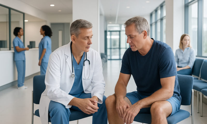 Doctor consulting with a male patient in a hospital waiting area.