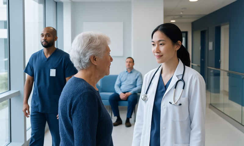 Doctor talking to elderly patient in hospital corridor with staff in background.