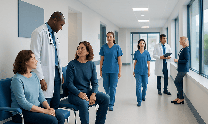 Medical team consulting patient in hospital corridor with healthcare professionals.