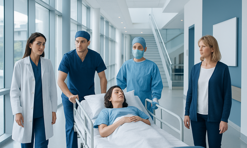 Ovarian Cancer Surgery: Procedure, Recovery and Results 9 Medical team preparing patient for ovarian cancer surgery in hospital.