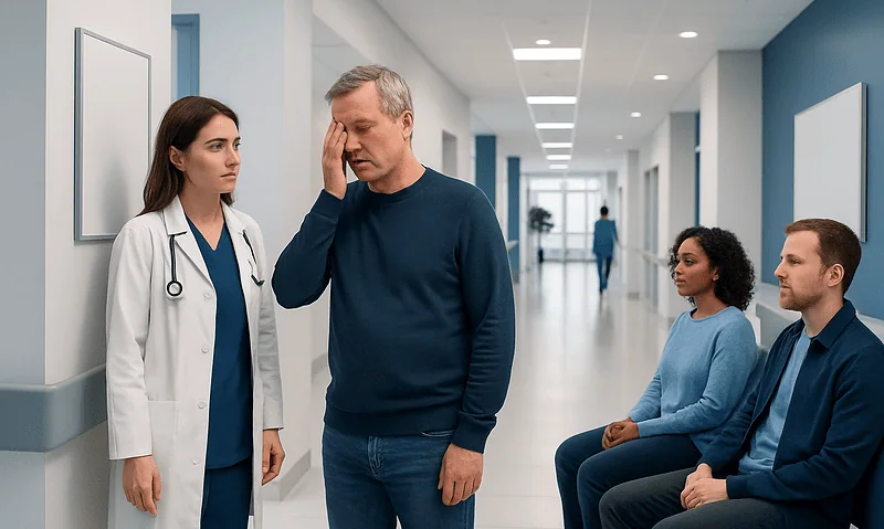 Man experiencing eye pain in hospital corridor with medical staff and patients nearby.