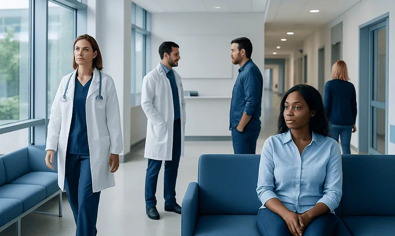 Medical professionals and patient in a hospital corridor.