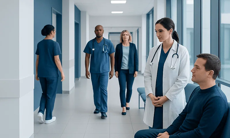 Medical team consulting patient in hospital corridor at Acibadem Hospitals Group.