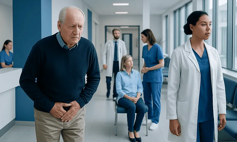 Elderly man experiencing discomfort in a hospital corridor with medical staff nearby.