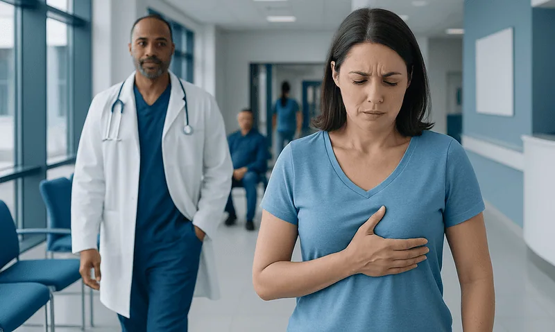 Woman experiencing chest pain in hospital corridor with doctor nearby.