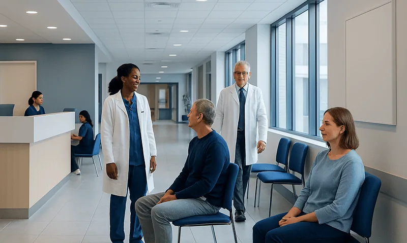 Medical consultation in a modern hospital corridor with doctors and patients.